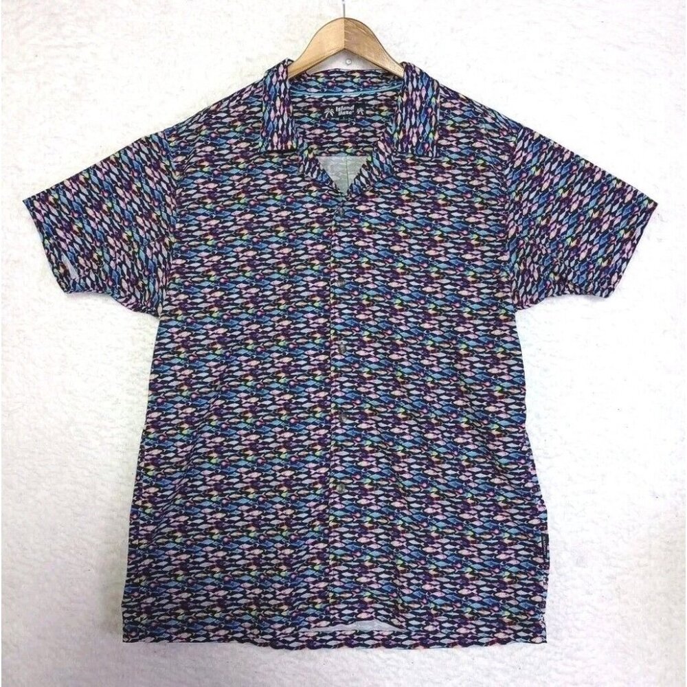 Island Haze Men's Button Up Hawaiian Style Shirt All Over Fish Print Size L